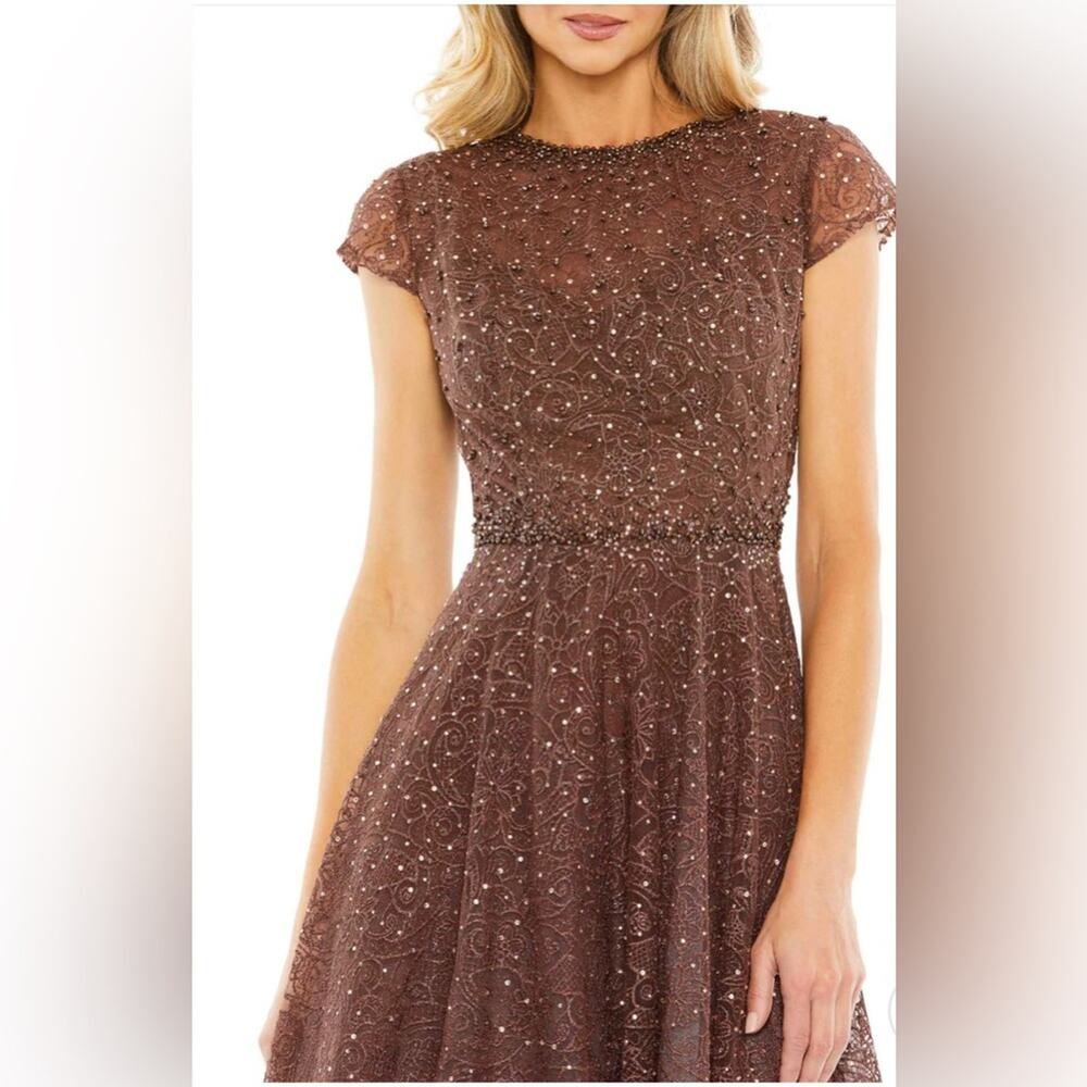 NWT Mac Duggal 20371 Embellished Cap Sleeve A Line Dress 6 Chocolate